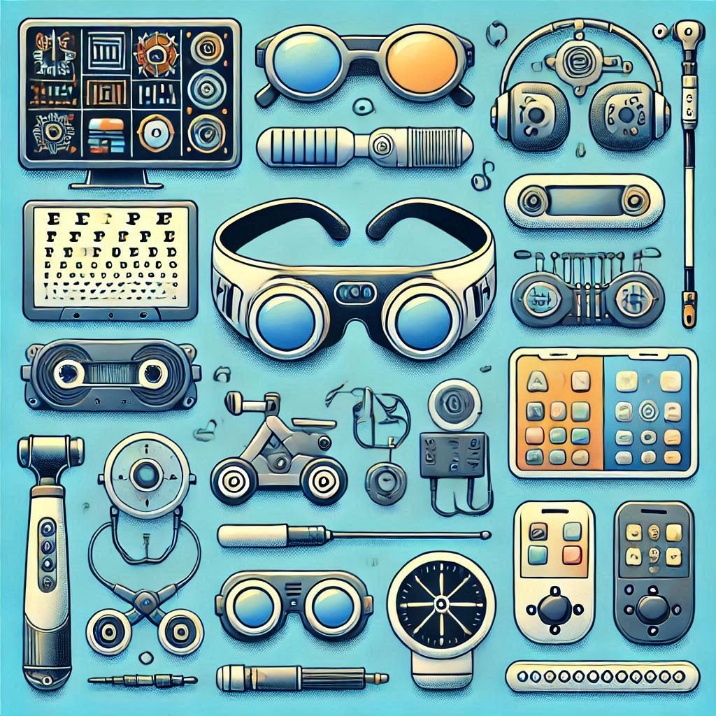 다양한 시각장애인 보조기술 제품들(AI 스마트 안경, 스마트 지팡이, 점자 디스플레이 등