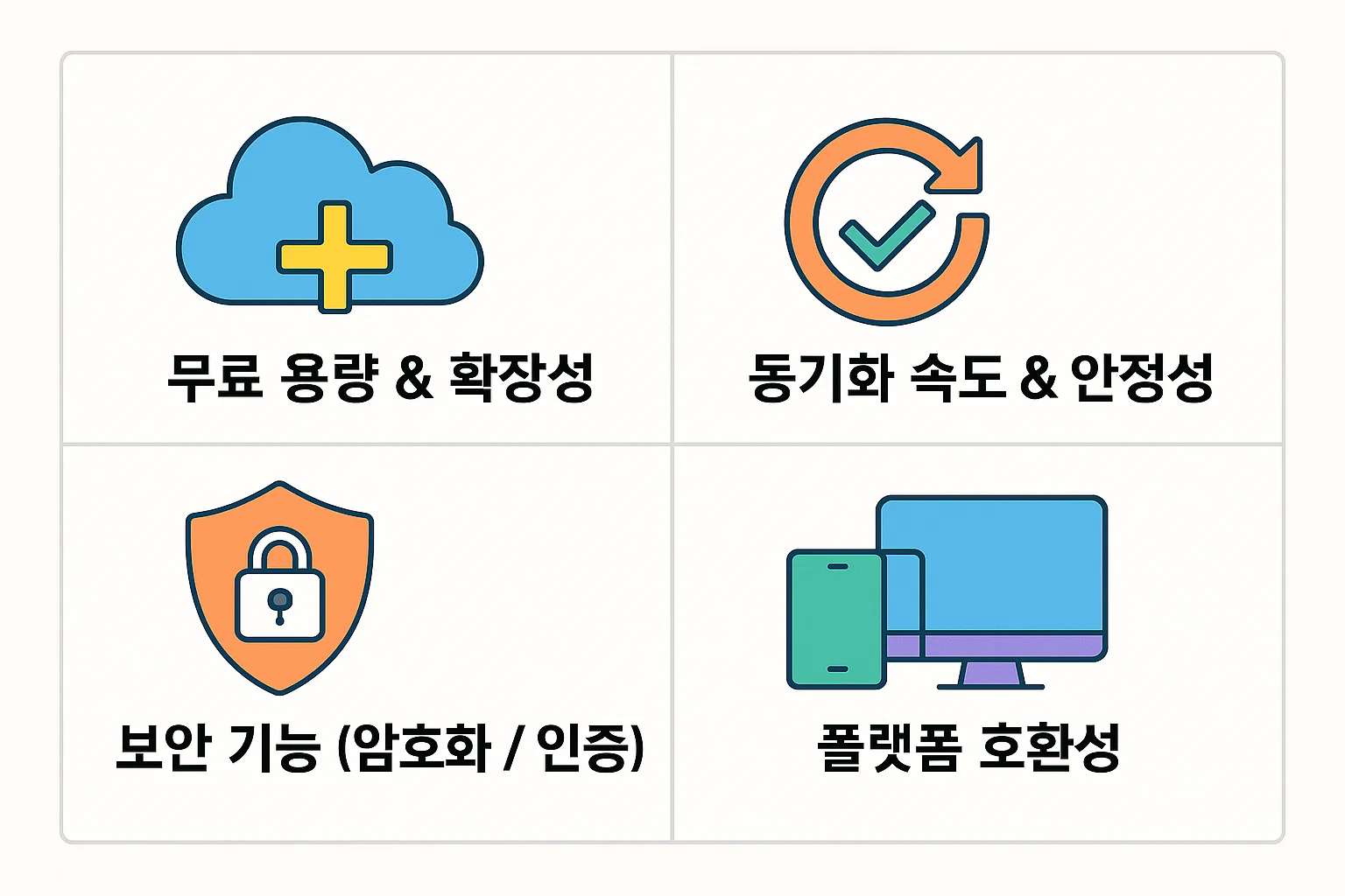 무료 클라우드 저장소를 선택할 때 고려해야 할 용량, 동기화 속도, 보안 기능, 플랫폼 호환성을 시각적으로 정리한 인포그래픽으로 2025년 주요 서비스 비교에 도움을 주는 자료.