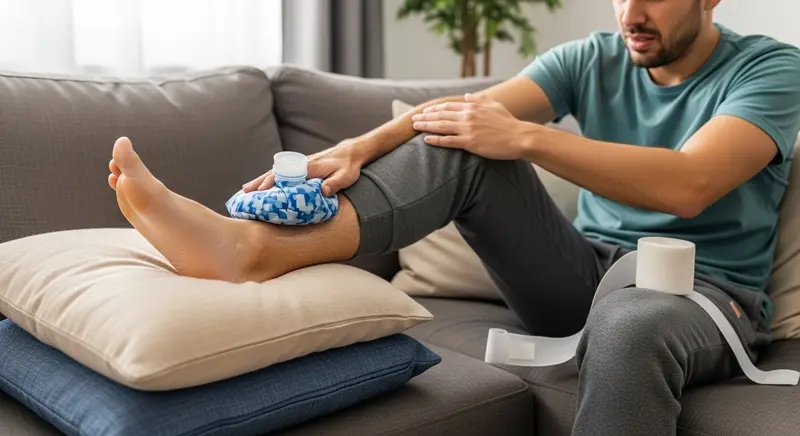 소파에 앉아 얼음찜질로 발목 염좌 초기 응급처치하는 남성, RICE 요법 중 냉찜질 단계