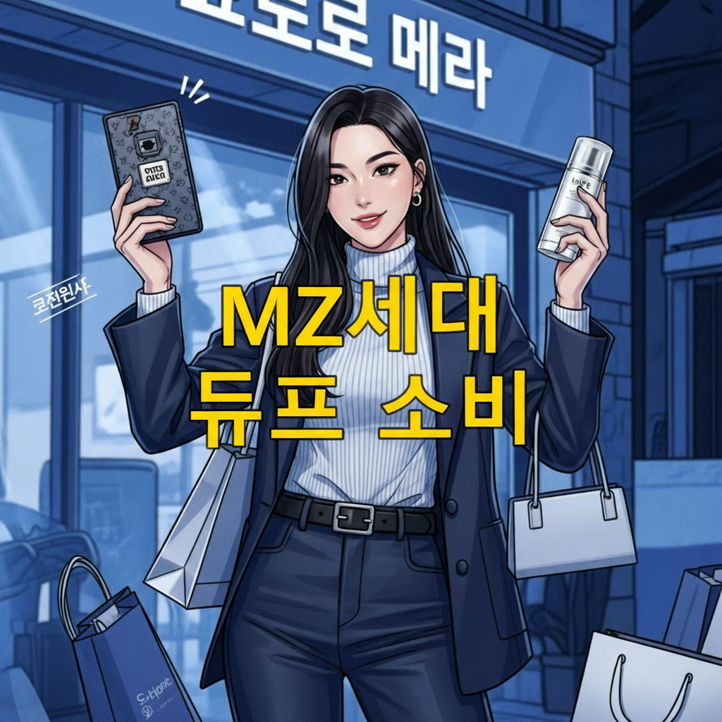 스마트폰을 들고 듀프 제품과 원조 제품을 비교하며 미소 짓는 MZ세대 한국 여성, 현명한 소비를 상징