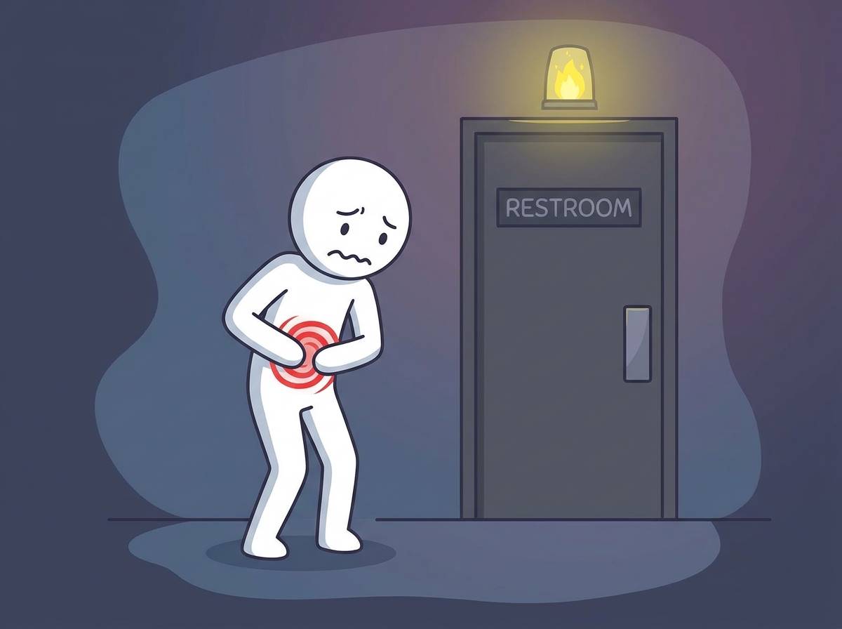 화장실 문 앞에서 초조하게 배를 움켜쥐고 있는 모습