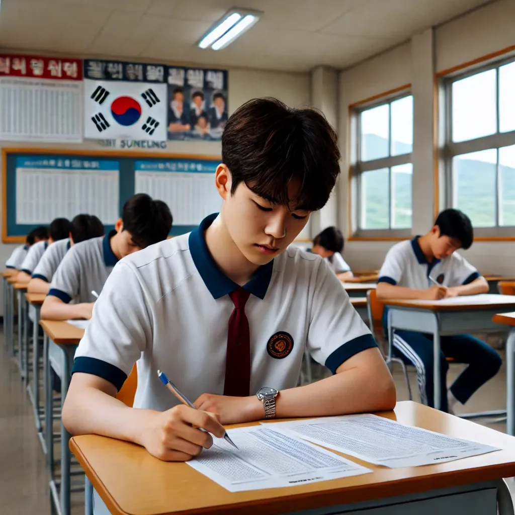 수능 시험을 보고 있는 한국 고등학생&amp;#44; 교실에서 시험지에 집중하고 있는 모습