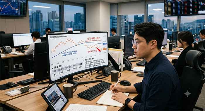 코스피 200일선 이탈 분석 화면을 보는 금융 전문가.