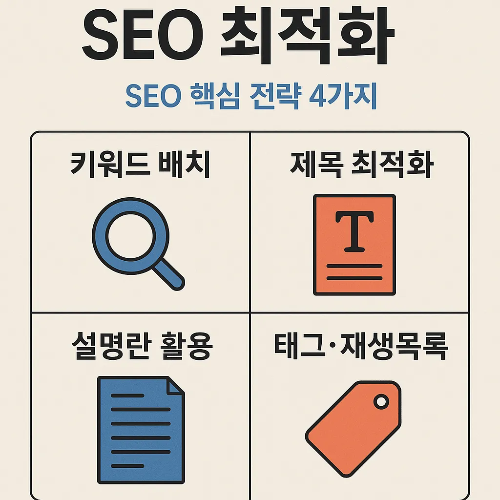 유튜브 동영상 올리는법을 위한 SEO 최적화 핵심 전략 4가지를 정리한 인포그래픽으로, 키워드 배치, 제목 최적화, 설명란 활용, 태그와 재생목록 활용 방법을 시각적으로 보여줍니다.