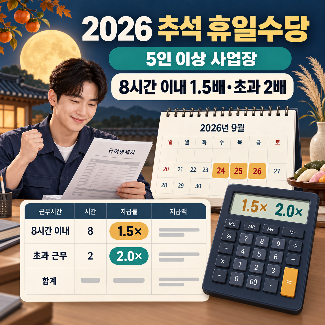 추석 근무 휴일수당 계산표 - 5인 이상 사업장 1.5배·2배 계산 방법