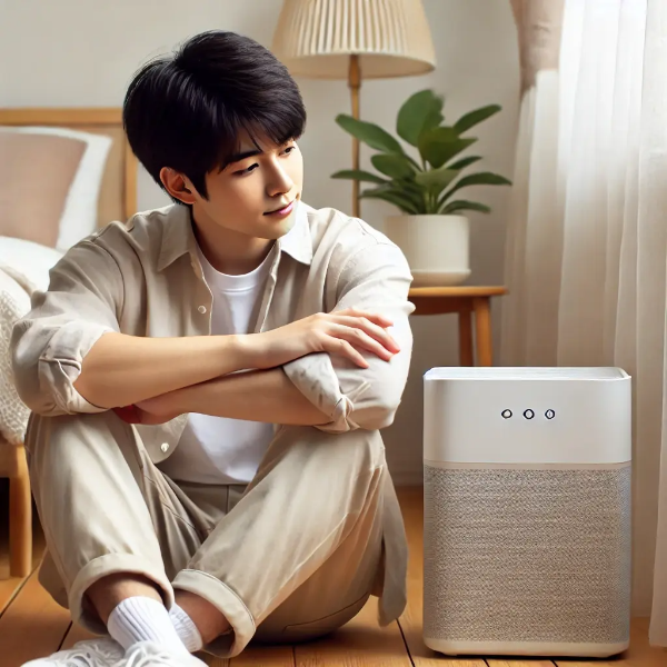 공기청정기를 바라보며 생각에 잠긴 젊은 동양 남성