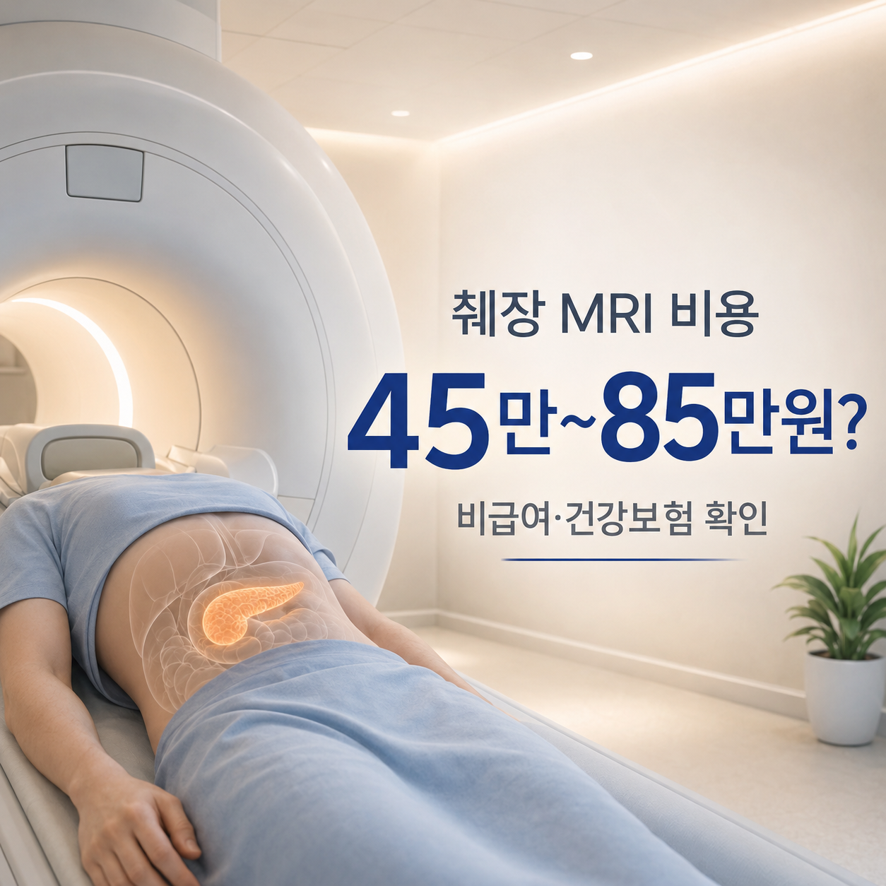 MRI 검사 장면과 복부 췌장 위치를 보여주며 췌장 MRI 비용과 비급여 가격 차이를 안내하는 대표이미지