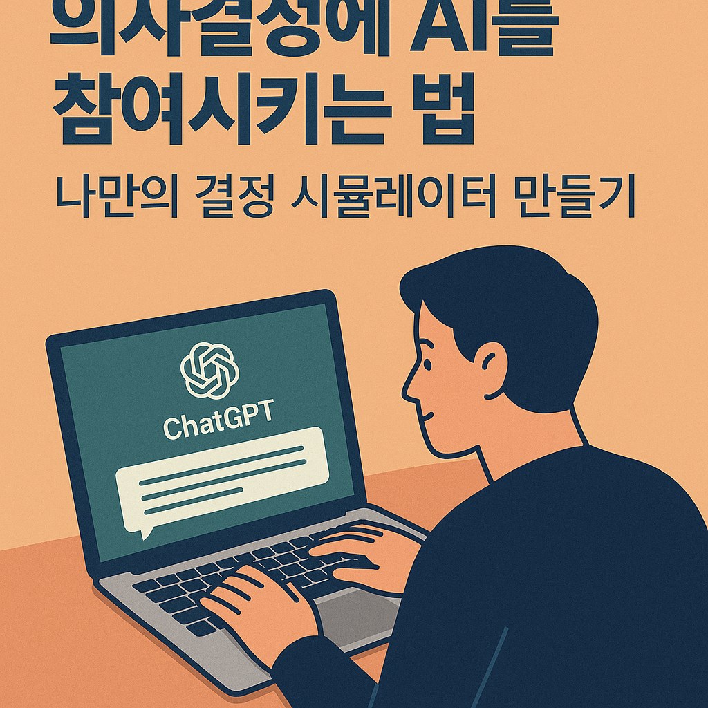 ChatGPT와 함께 의사결정을 시뮬레이션하는 한국 남성의 일러스트 &ndash; 루틴 설계와 판단 훈련을 상징하는 장면
