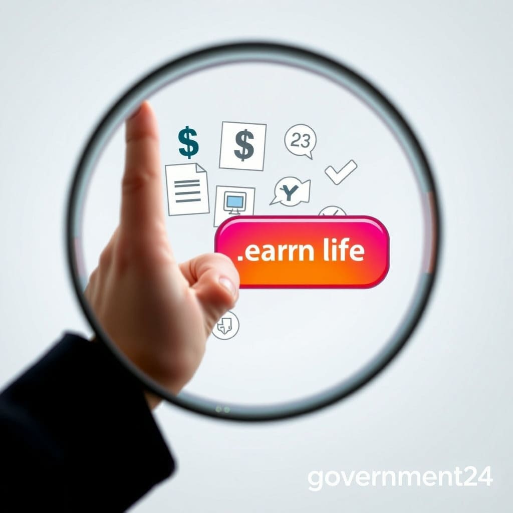 돋보기로 정보를 찾거나, '자세히 알아보기' 버튼을 클릭하는 손가락, 또는 정부24 웹사이트 주소를 상징하는 이미지를 그립니다. 정보 탐색의 중요성과 다음 행동을 안내하는 느낌을 전달합니다.