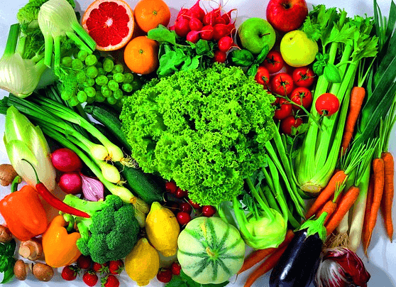 야채와 과일이 가득하다. 브로콜리, 대파, 양파, 가지, 고추, 샐러리, 당근, 감귤, 자몽, 레몬이 한가득 있다.