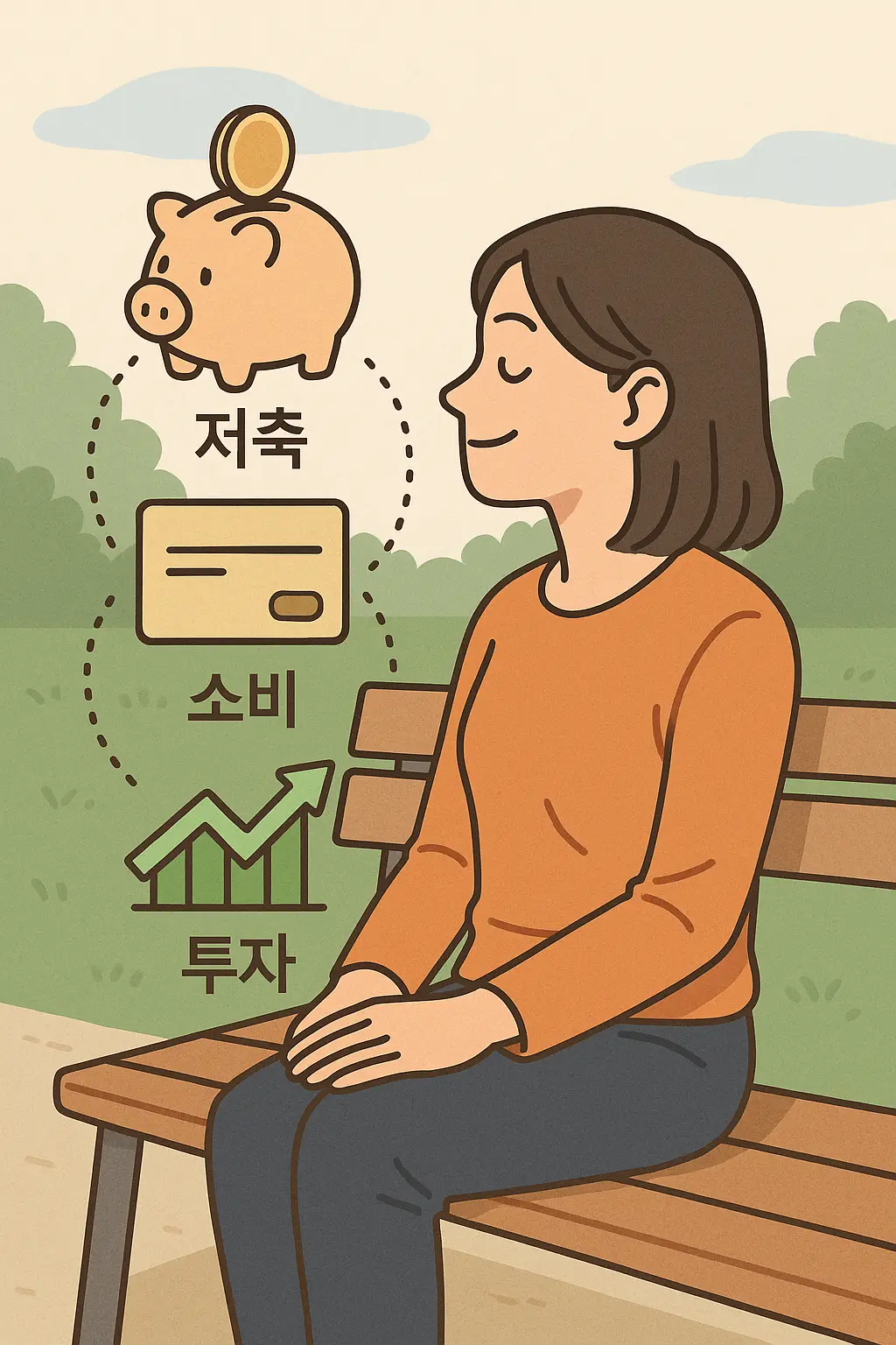 벤치에 앉아 여유를 느끼는 여성, 저축·소비·투자가 자동으로 관리되는 흐름 시각화