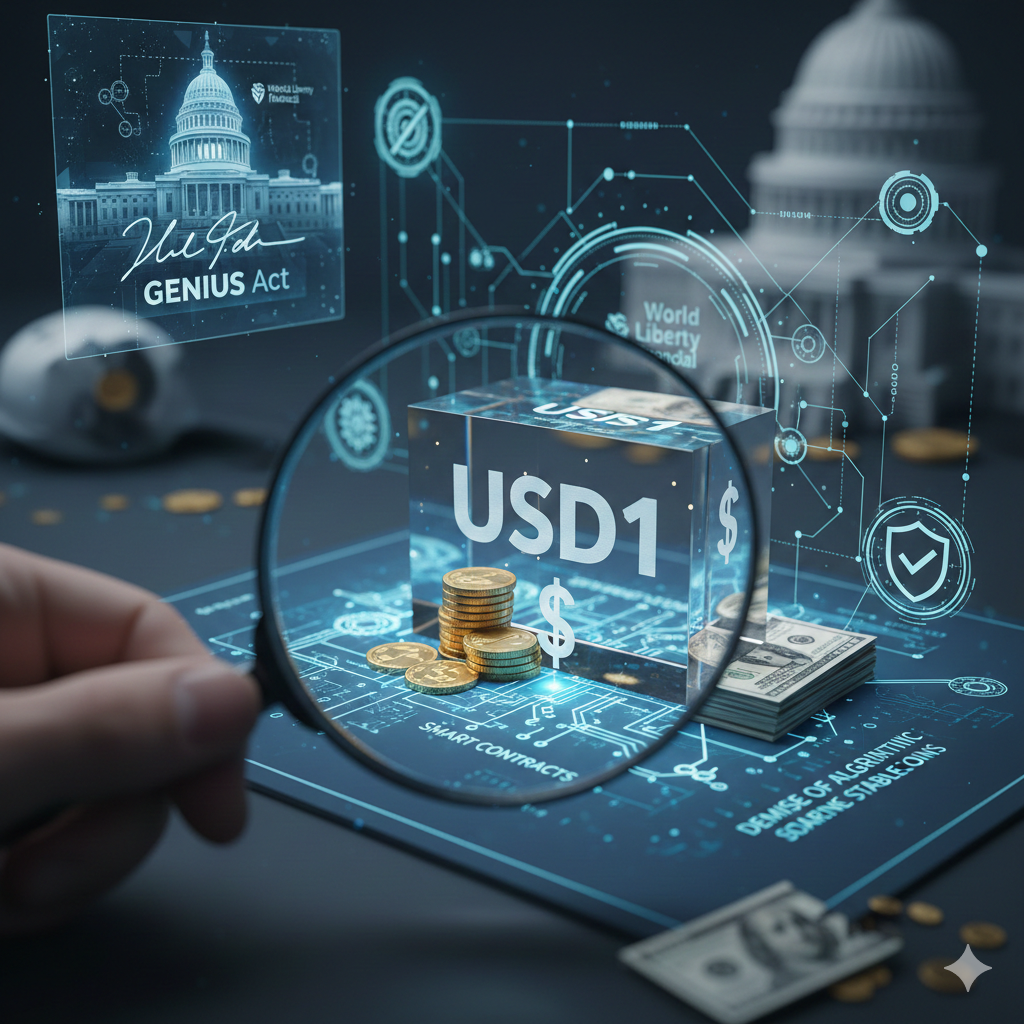 푸른빛 디지털 홀로그램이 감도는 어두운 배경 중앙에 투명한 유리 큐브 형태의 USD1 심볼이 배치되어 있고 내부에는 황금색 코인이, 외부에는 달러 지폐 뭉치가 놓여 100% 실물 자산 담보의 안정성을 강조하며, 돋보기를 통해 스마트 컨트랙트 구조를 정밀하게 관찰하는 모습과 배경의 미 의회 의사당 및 GENIUS Act 로고가 연방 규제 법안과의 결합을 시각적으로 나타내요.