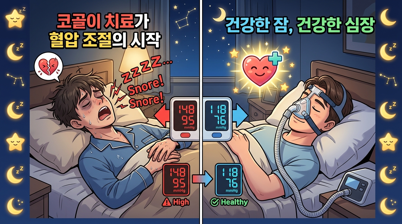 코골이와 수면 무호흡으로 힘들어하는 모습과, 양압기 치료 후 편안하게 잠들며 안정된 혈압을 얻는 모습을 대비적으로 표현한 일러스트레이션. '코골이 치료가 혈압 조절의 시작'과 '건강한 잠, 건강한 심장'이라는 문구가 적혀 있으며, 수면 질 개선이 심혈관 건강에 직결됨을 강조함.