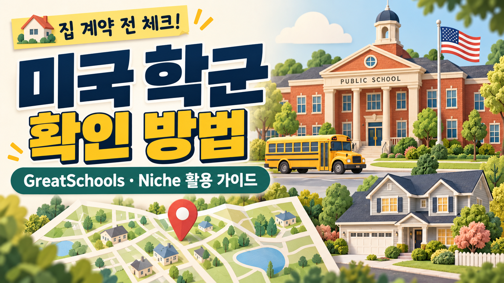 미국 공립학교와 스쿨버스, 주택과 지도로 표현한 미국 학군 확인 방법 및 GreatSchools&middot;Niche 활용 가이드