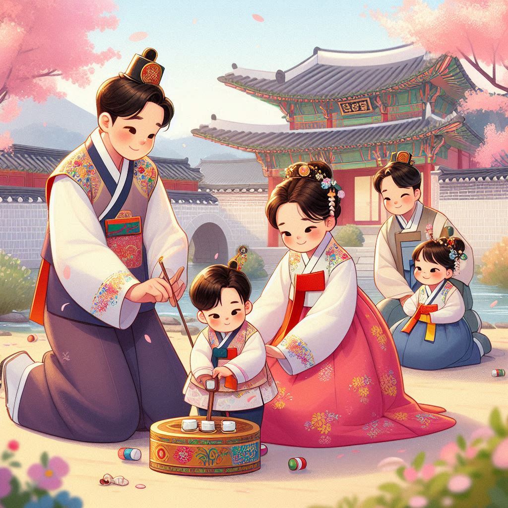 어린이날에 국립민속박물관에서 한복 입고 윷놀이 등을 가족들과 함께 하는 모습