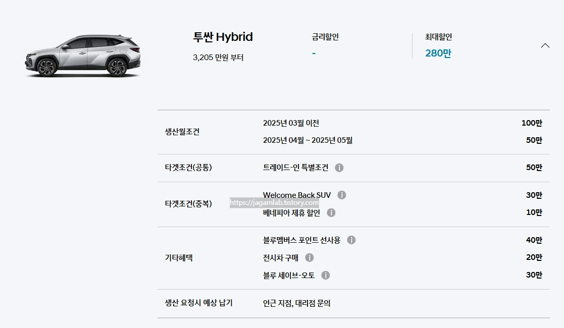 25년 8월 2025 투싼 하이브리드 재고차 할인, 트레이드-인 특별 조건, Welcome Back SUV, 베네피아 제휴 할인, 블루멤버스 포인트 선사용, 전시차 구매, 블루 세이브오토 구매 혜택