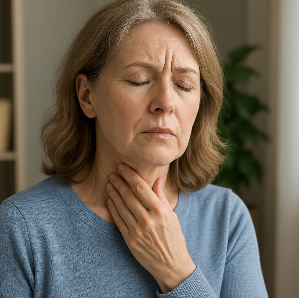 갑상선 관리를 하고 있는 중년 여성 사진
