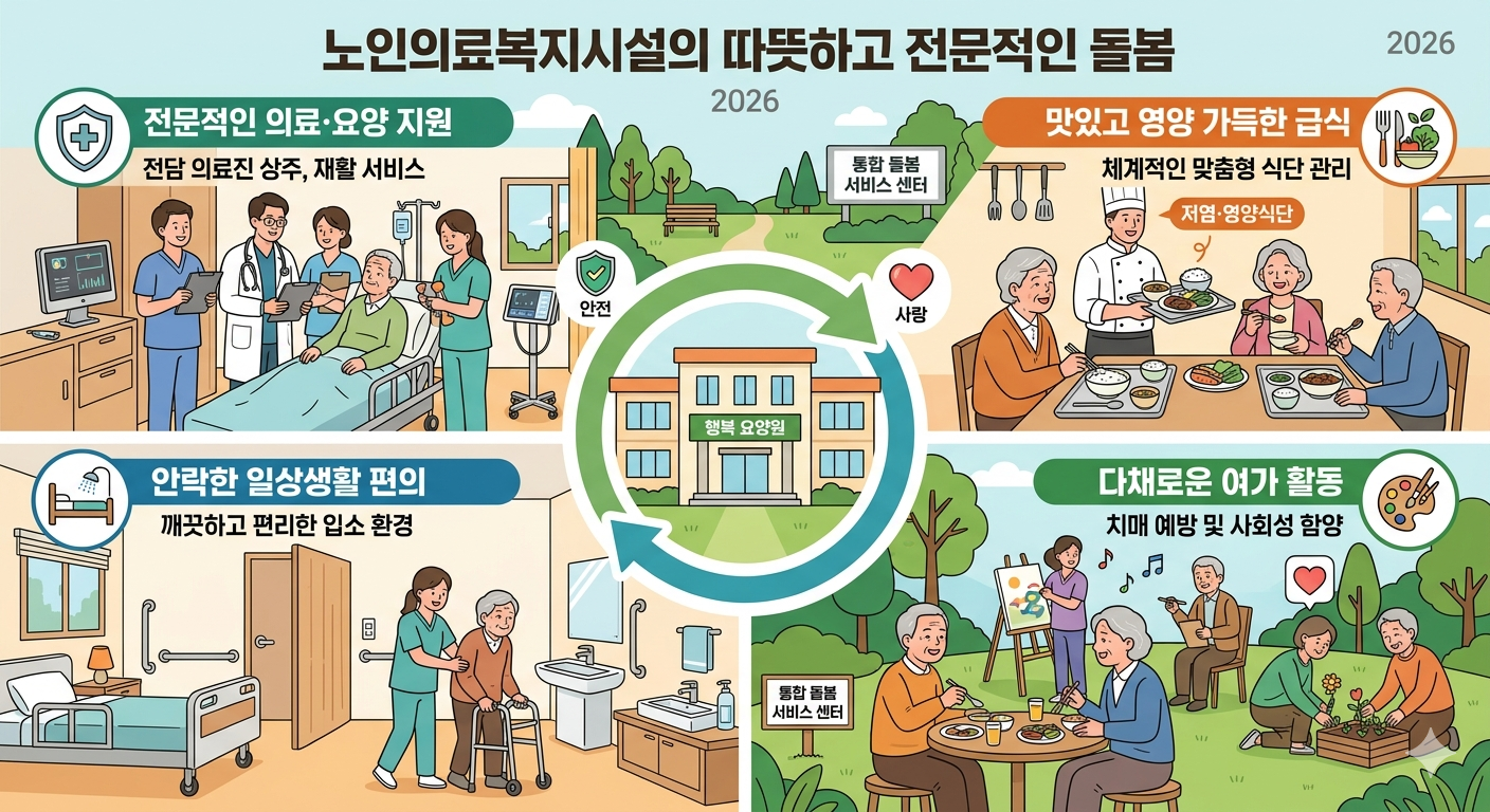 노인의료복지시설 종류, 요양원 입소 자격, 2026 노인복지 혜택, 노인요양공동생활가정 차이점, 장기요양보험 시설급여, 노인성질환 요양 방법