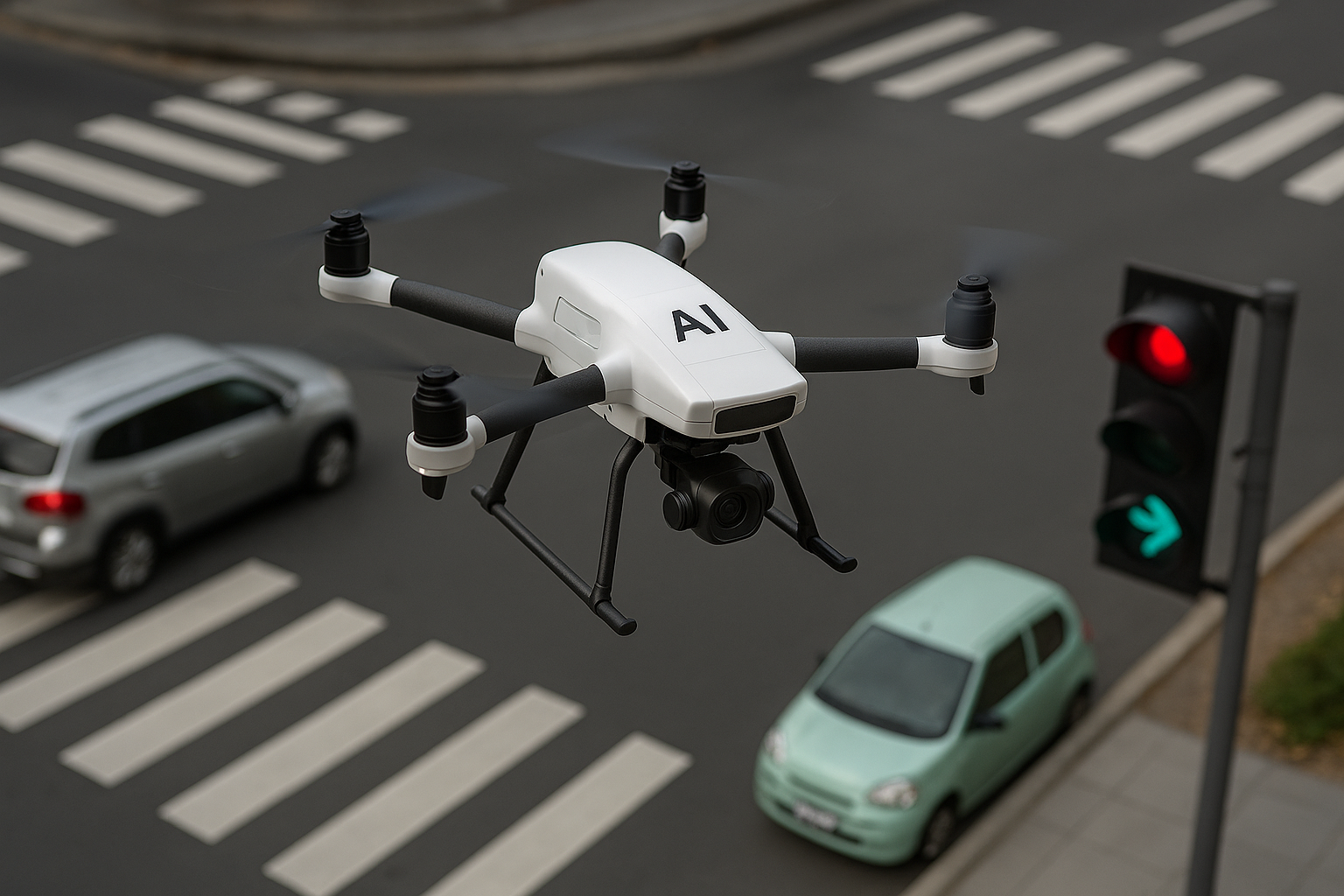 교차로 상공을 비행하며 교통법규 위반 차량을 촬영하는 AI 드론 단속카메라 모습