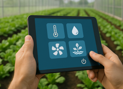 온실 안에서 태블릿으로 자동 온도&middot;습도&middot;환기&middot;관수 설정을 조절하는 장면