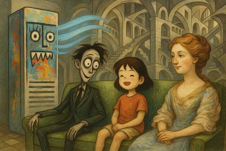 스탠드형 에어컨 청소 후 깨끗하고 시원한 바람이 나오는 거실에서 가족이 편안하게 휴식하며 행복을 느끼는 상황을 담은 이미지