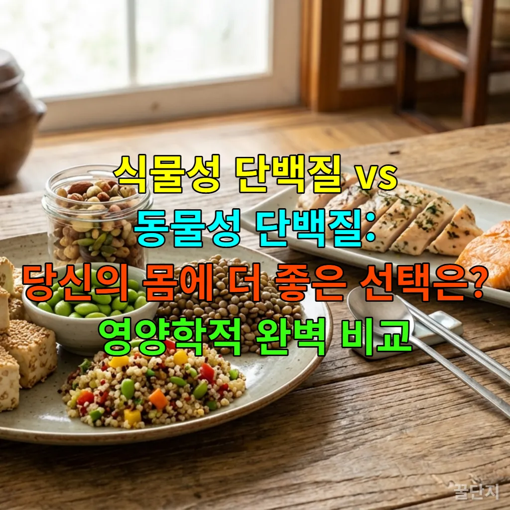 식물성 및 동물성 단백질이 균형 있게 차려진 건강한 식단 이미지