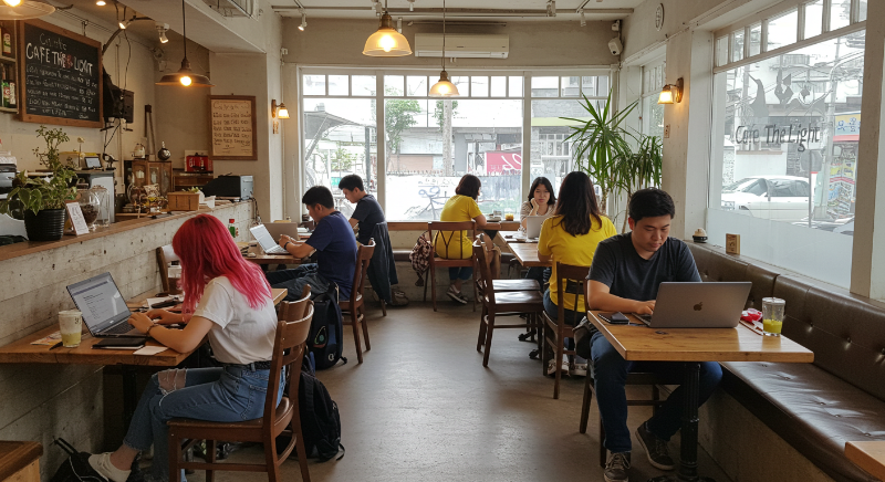 제주 노형동 '카페 더 라이트'에서 원격 근무하는 사람들