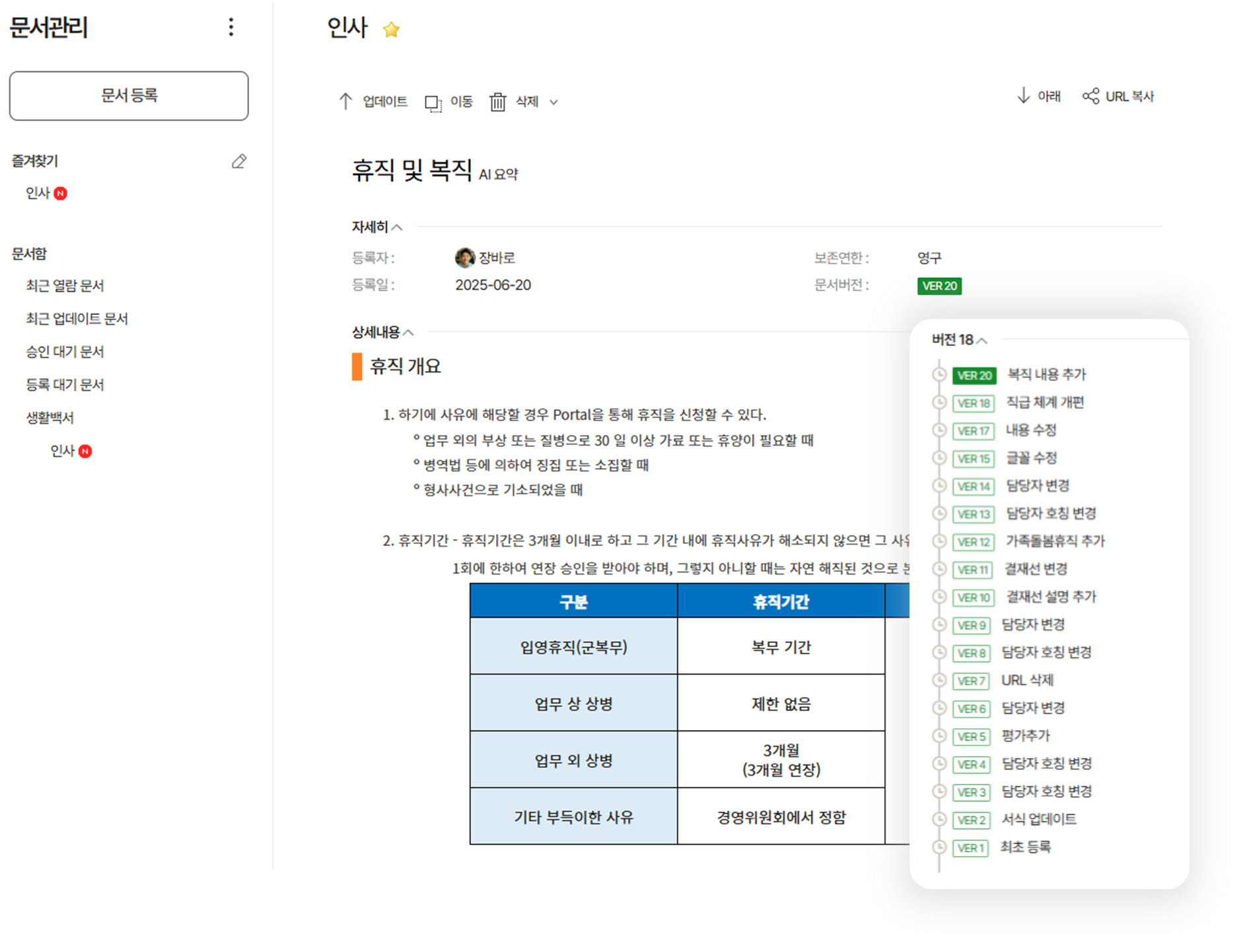 &ldquo;다우오피스 문서관리 화면. 인사 규정 문서를 열람하고 있으며 문서 버전 이력이 세부적으로 표시된 모습. 문서 제목&middot;등록자&middot;보존연한&middot;버전 관리 기능이 함께 보임.&rdquo;