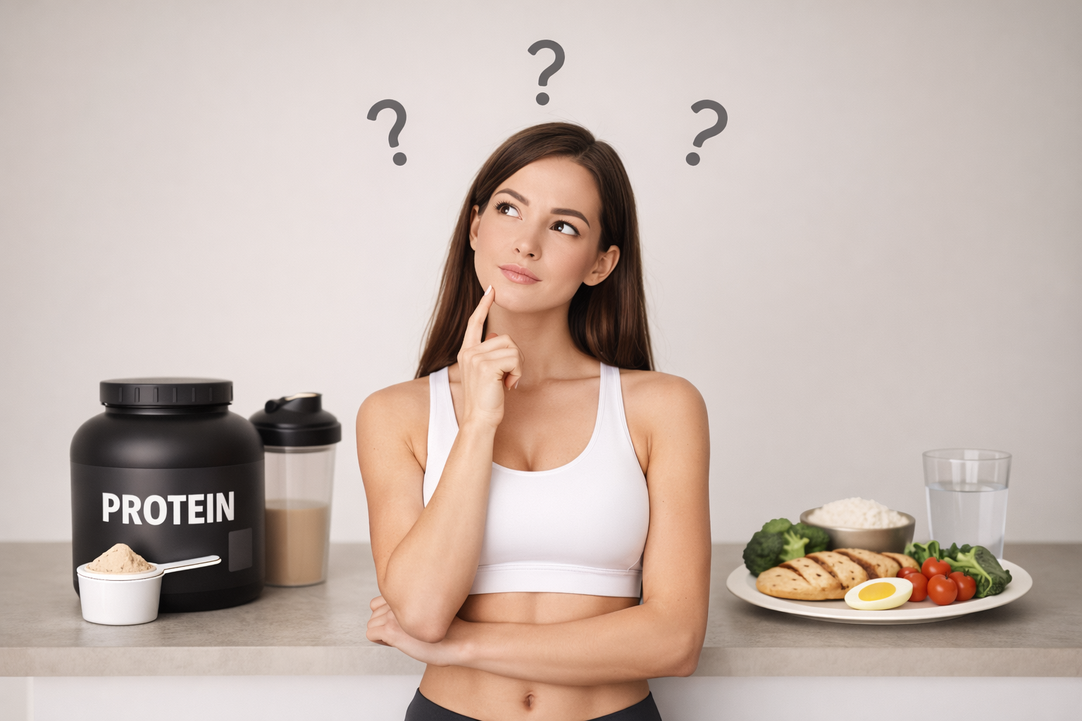 여성 다이어터가 단백질 보충제와 자연식 식사를 앞에 두고 섭취 선택을 고민하는 장면