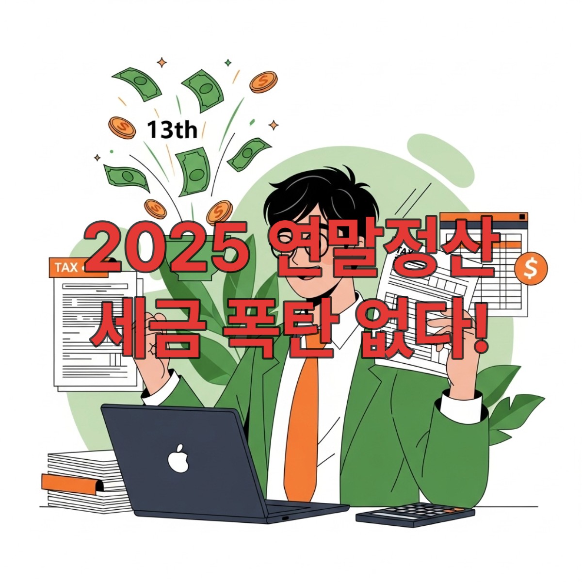 2025년 연말정산 서류를 정리하며 환급액을 확인하고 만족해하는 직장인의 모습. 세금 폭탄을 피하고 성공적으로 연말정산을 마친 밝고 희망찬 분위기를 초록색과 주황색 톤으로 표현.