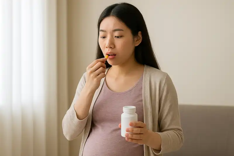 엽산, 철분, 칼슘 등 기본 영양소를 복용하는 임산부 모습