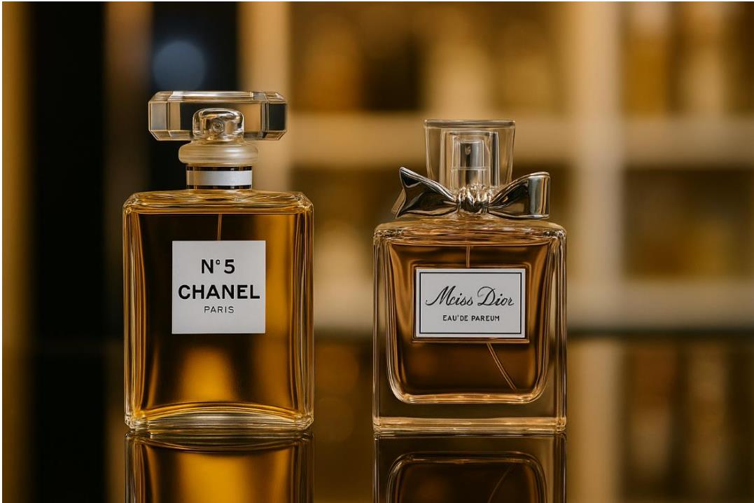 황금빛 드레스 배경인 럭셔리한 분위기의 향수병