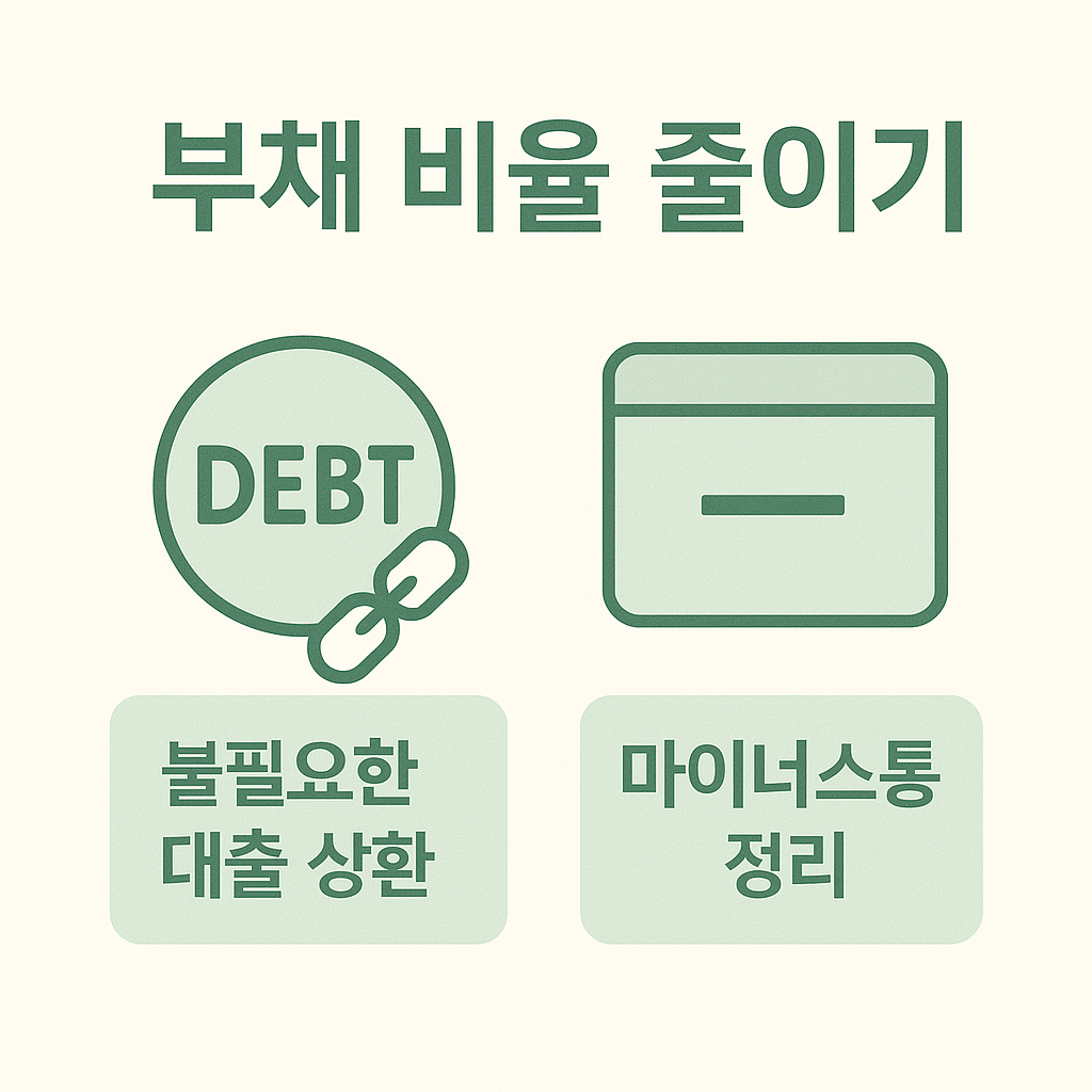 카카오뱅크 대출 승인률을 높이기 위해 부채 비율을 낮추는 구체적 방법을 담은 인포그래픽, 불필요한 대출 상환과 마이너스통장 정리 포함