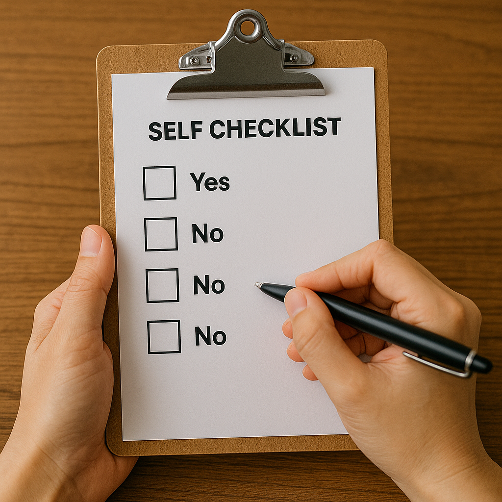 클립보드의 셀프 체크리스트와 체크박스, 펜을 든 손