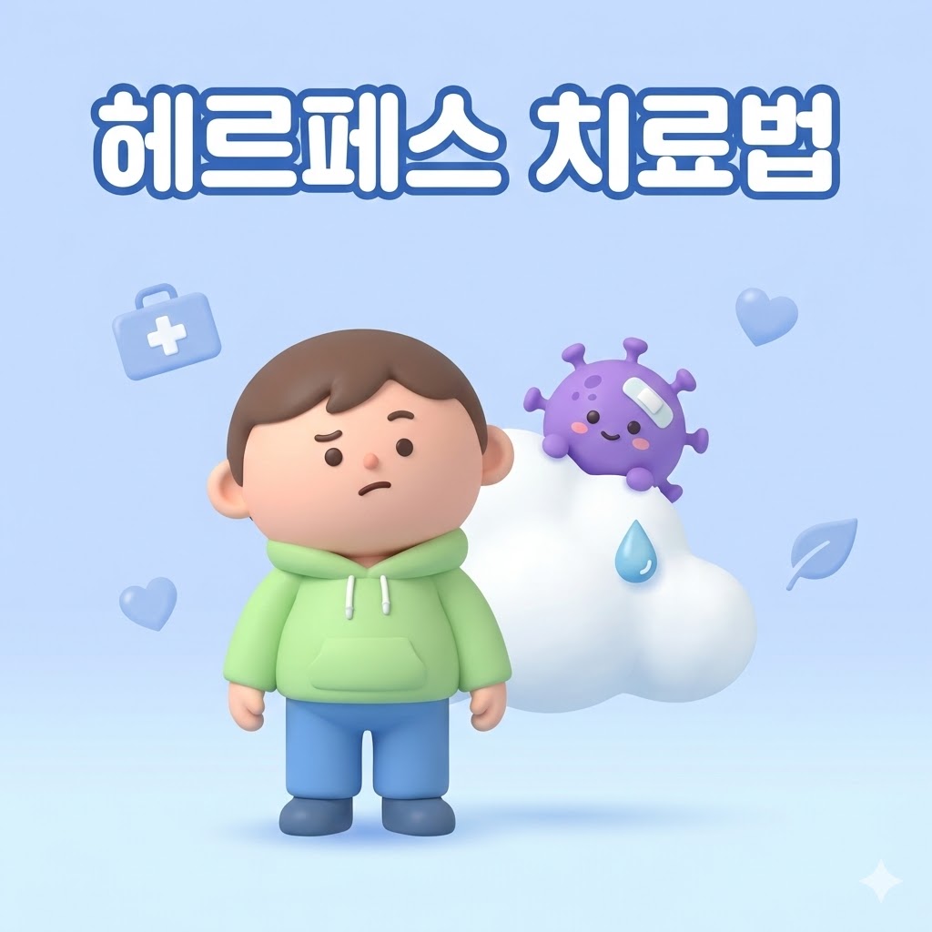 헤르페스 바이러스 치료법을 상징하는, 고민하는 사람 캐릭터와 귀여운 반창고 붙인 바이러스 캐릭터가 있는 3D 카툰 일러스트.
