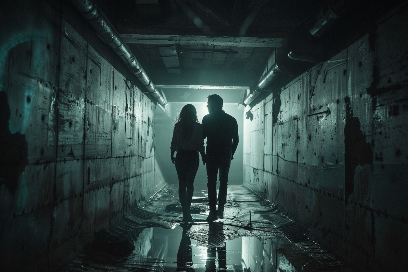 벽으로-둘러-쌓인-터널을-걷는-남성과-여성