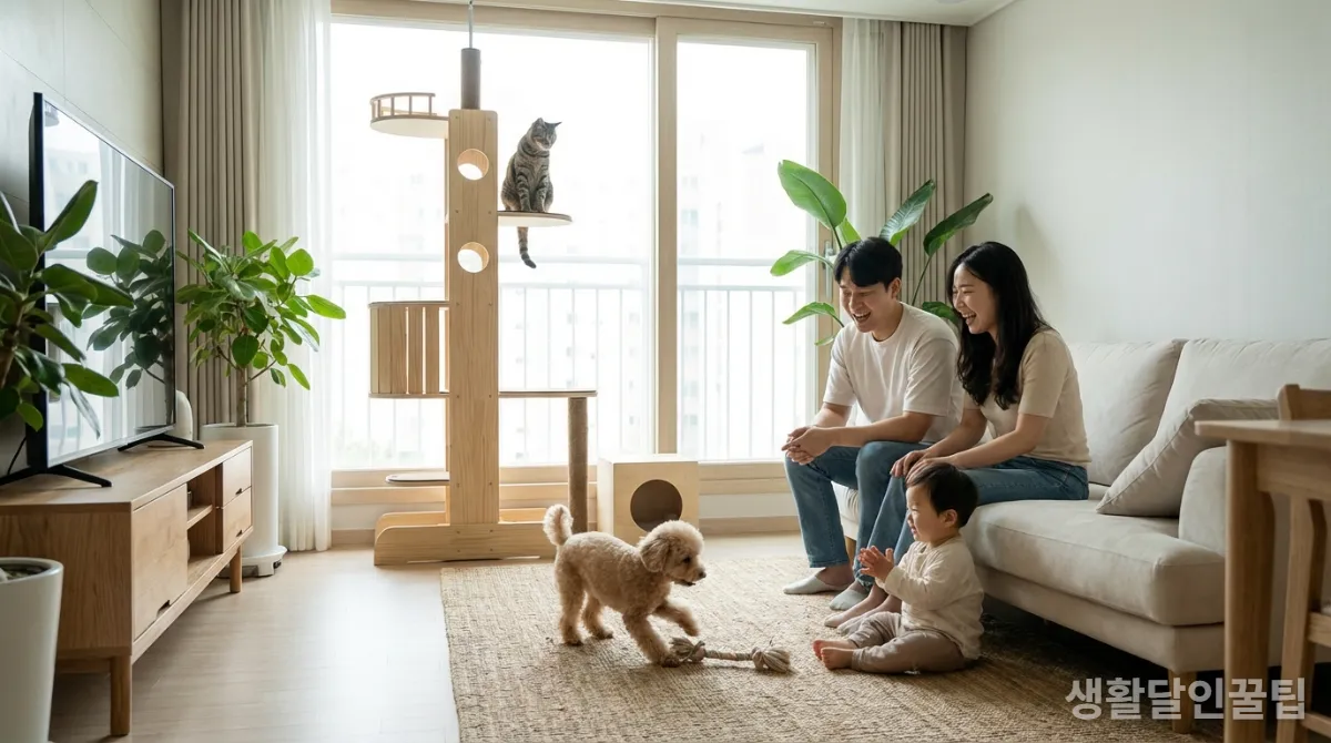 반려동물과 행복하게 교감하는 한국인 가족