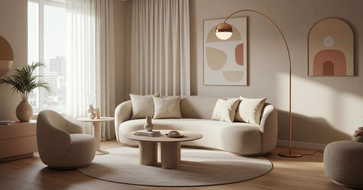 곡선 가구로 꾸며진 따뜻하고 생체친화적인 아파트 거실 인테리어