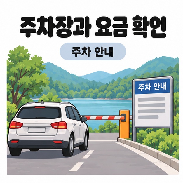 주차장과 요금 확인 제목 아래 주차 안내판과 진입 차단기 앞에 멈춘 승용차