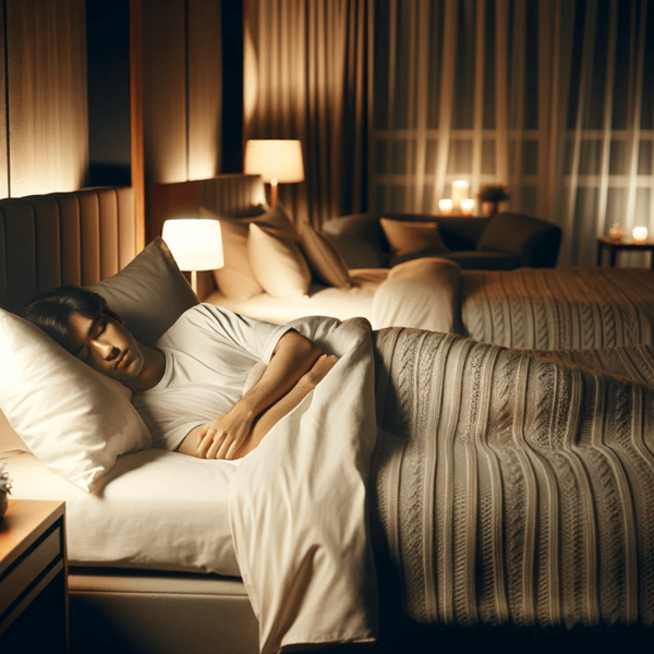 편안해 보이는 침대에서 잠자고 있는 남자