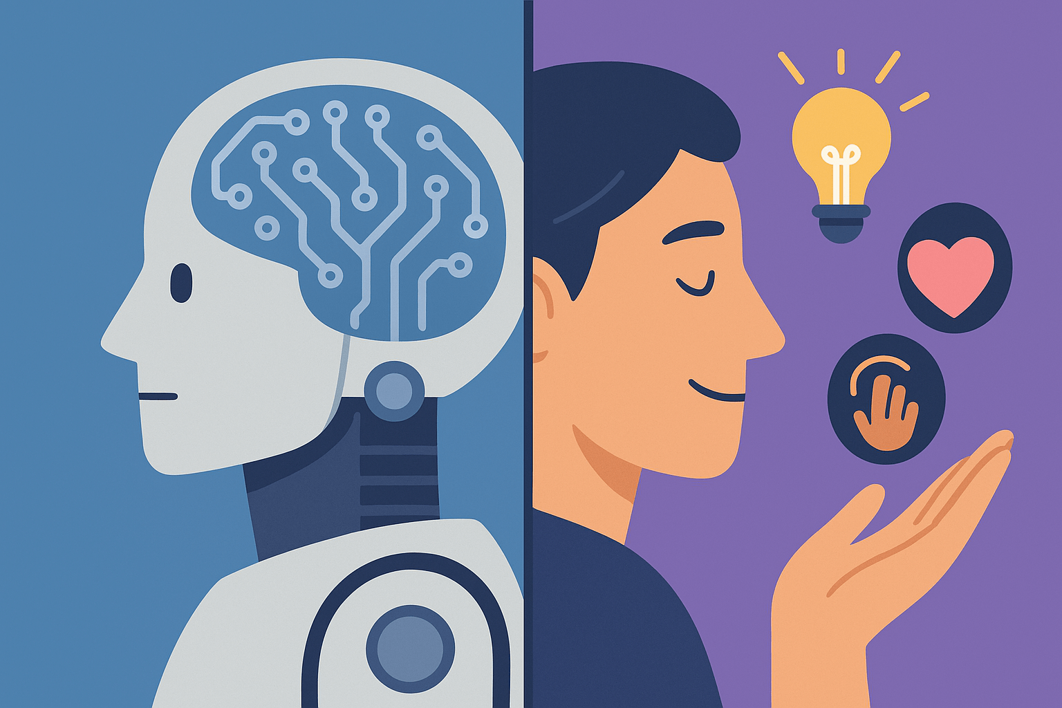 AI의 회로형 두뇌와 인간의 감정, 직관, 창의성을 대비해 표현한 일러스트로, 기술과 인간다움의 차이를 시각화한 이미지