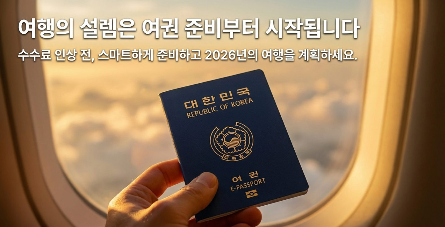 비행기 창가에서 대한민국 전자여권을 들고 있는 모습, 해외여행 준비와 2026년 여행 계획을 상징하는 이미지