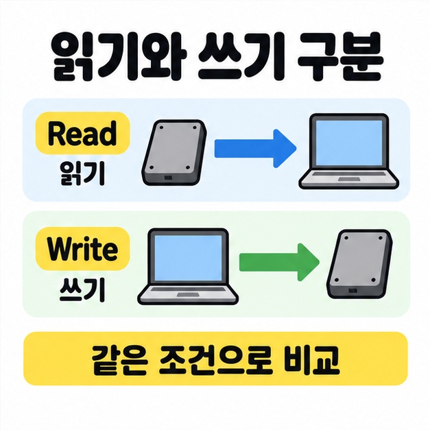 Read 읽기는 저장장치에서 컴퓨터로, Write 쓰기는 컴퓨터에서 저장장치로 향하는 화살표로 구분하고 같은 조건의 비교를 강조한 그림