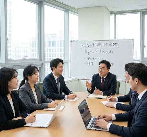 회의실에서 진지하게 의견을 나누는 사회복지사들과 전문가들