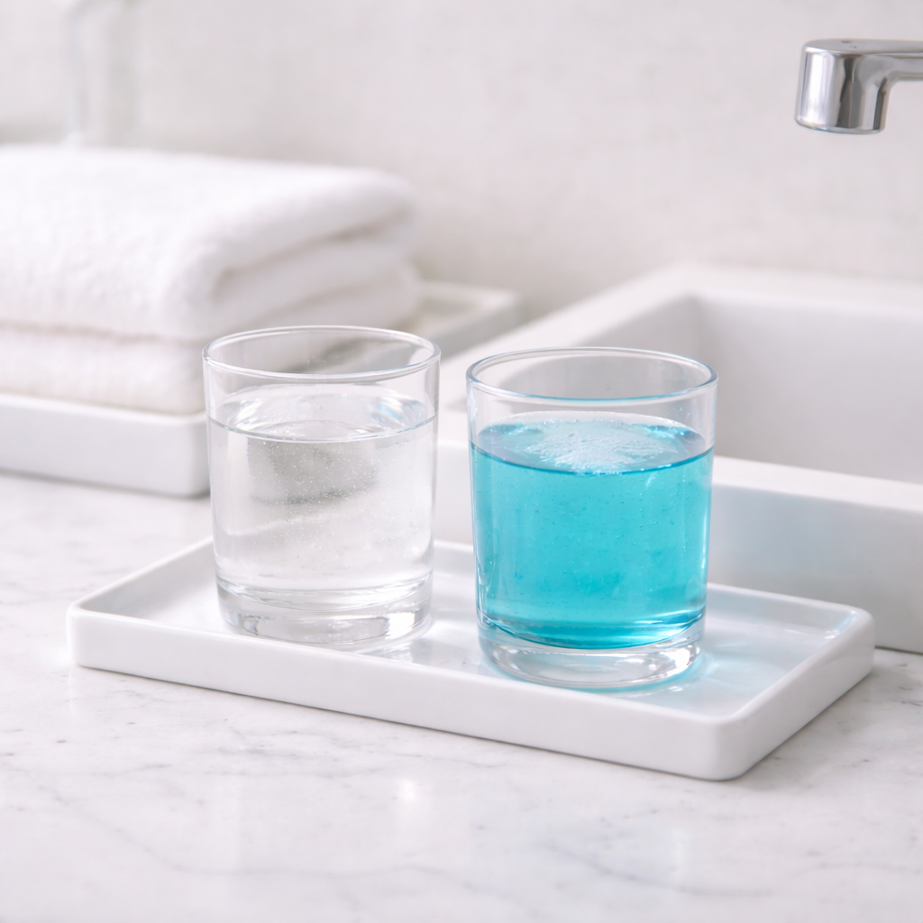 구취와 잇몸 관리를 상징하는 구강 청결 정물 이미지