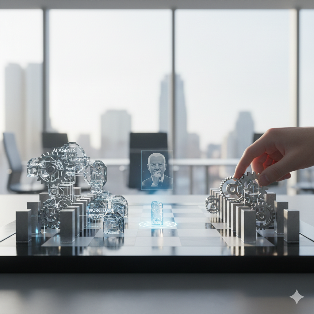 밝은 사무실 창가에 놓인 체스판 위에 독특한 말들이 배치된 모습이에요. 왼쪽에는 투명한 크리스털 질감의 복잡한 톱니바퀴 구조물들이 있고, 오른쪽에는 금속 재질의 톱니바퀴들이 놓여 있어요. 체스판 중앙에는 안경을 쓴 남성의 홀로그램 초상화와 빛나는 푸른색 코어 데이터가 떠 있으며, 사람의 손이 오른쪽의 톱니바퀴 말을 옮기려 하고 있어요.