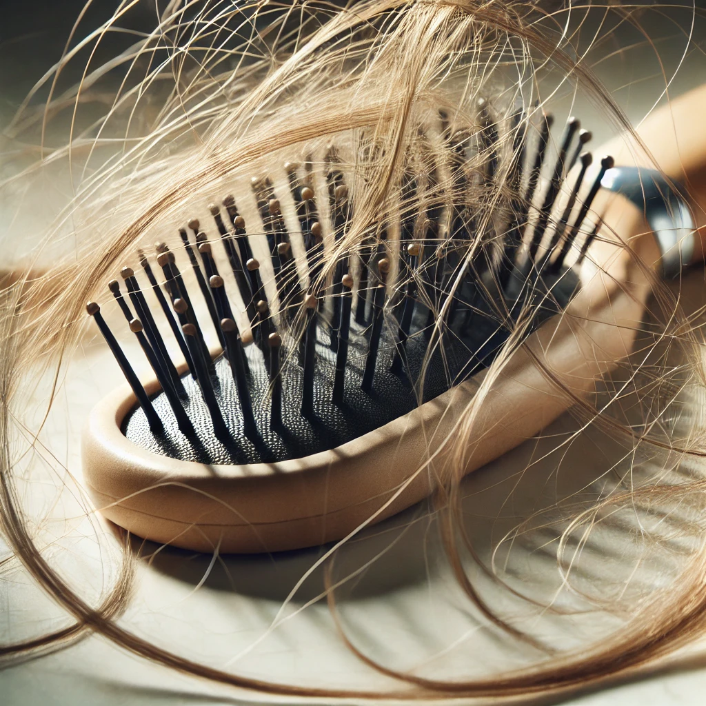 엉킨 머리카락이 강모에 걸려 있는 빗을 클로즈업한 이미지입니다. 브러시는 느슨한 머리카락이 흩어져 있는 깨끗한 표면에 놓여 있습니다.