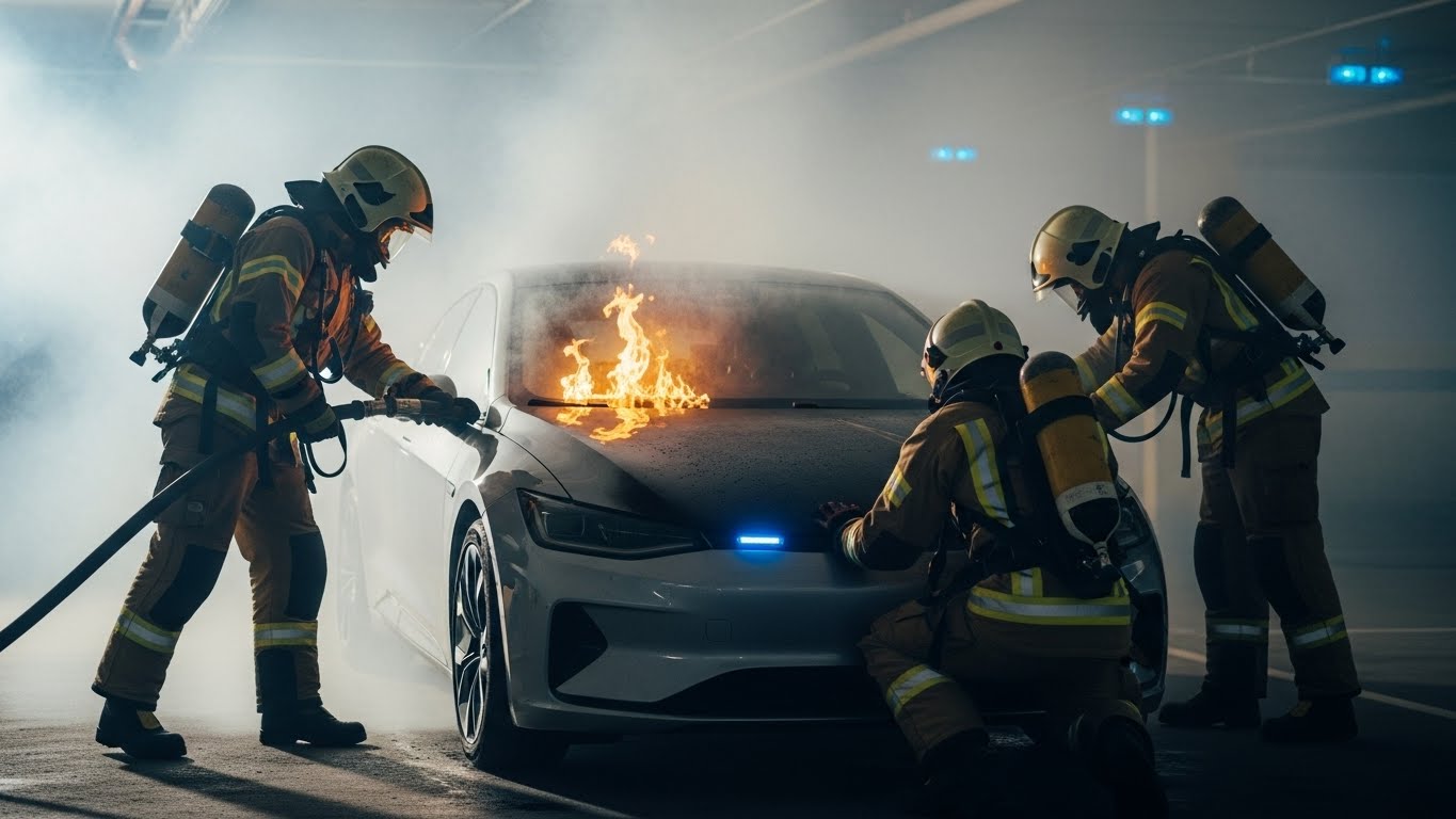 전기차 화재 발생 시 소방관들이 진압 중인 모습, 안심보험으로 피해가 통제되는 상황을 암시