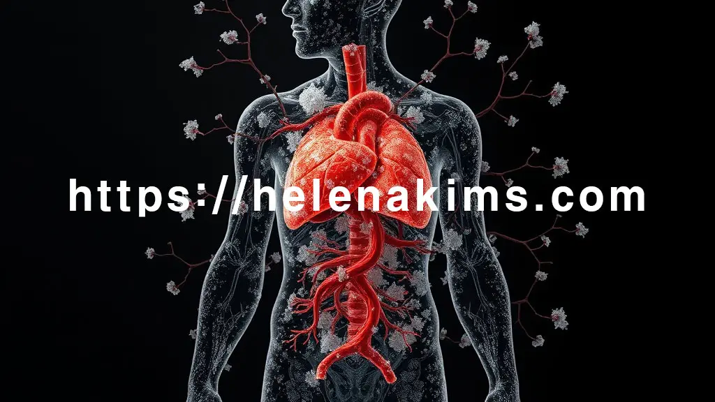 인체 실루엣 안에서 설탕 결정들이 심장, 뇌, 혈관 등 주요 장기들을 서서히 부식시키며 노화시키는 모습.