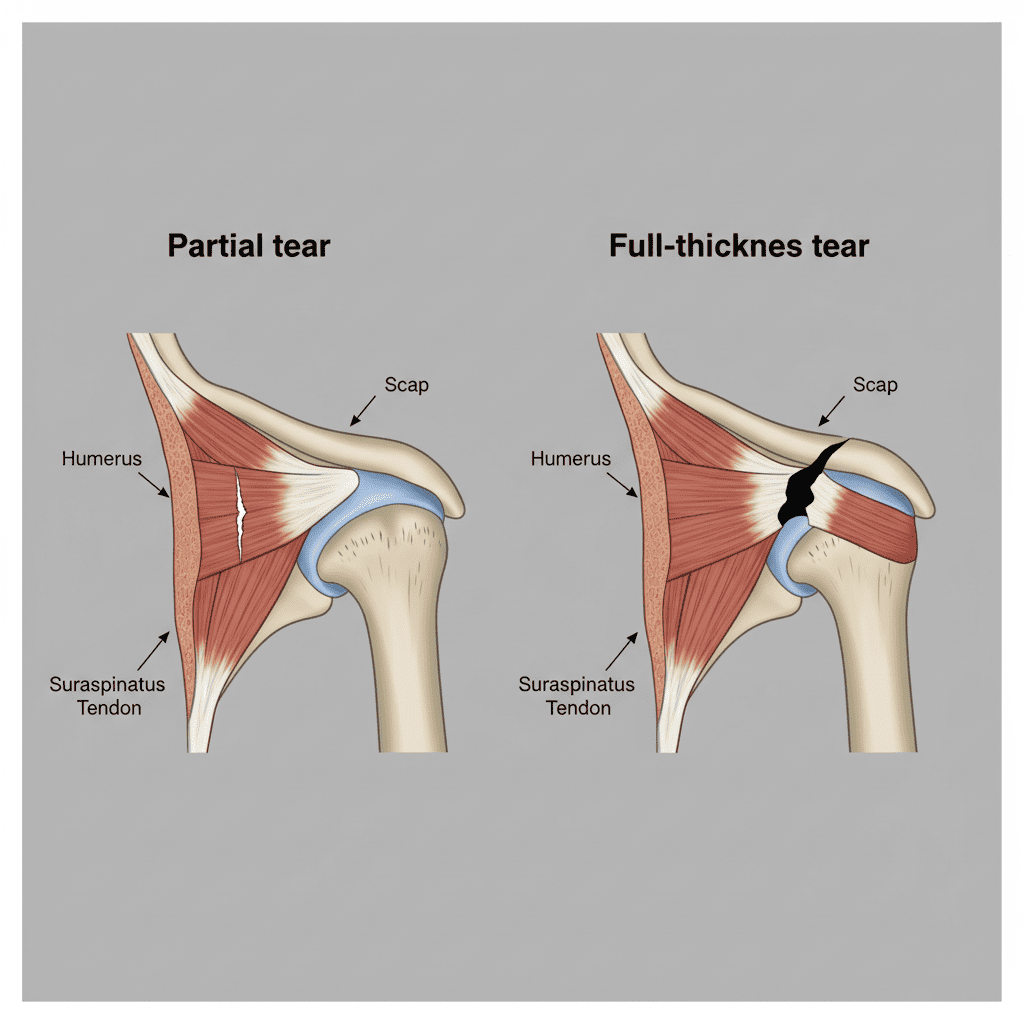 회전근개 부분파열과 완전파열의 힘줄 손상 정도 차이를 그래픽으로 나타낸 비교 이미지